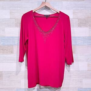 EILEEN FISHER 100% Silk Sequin Beaded Longline Top Red 3/4 Sleeve Womens Medium